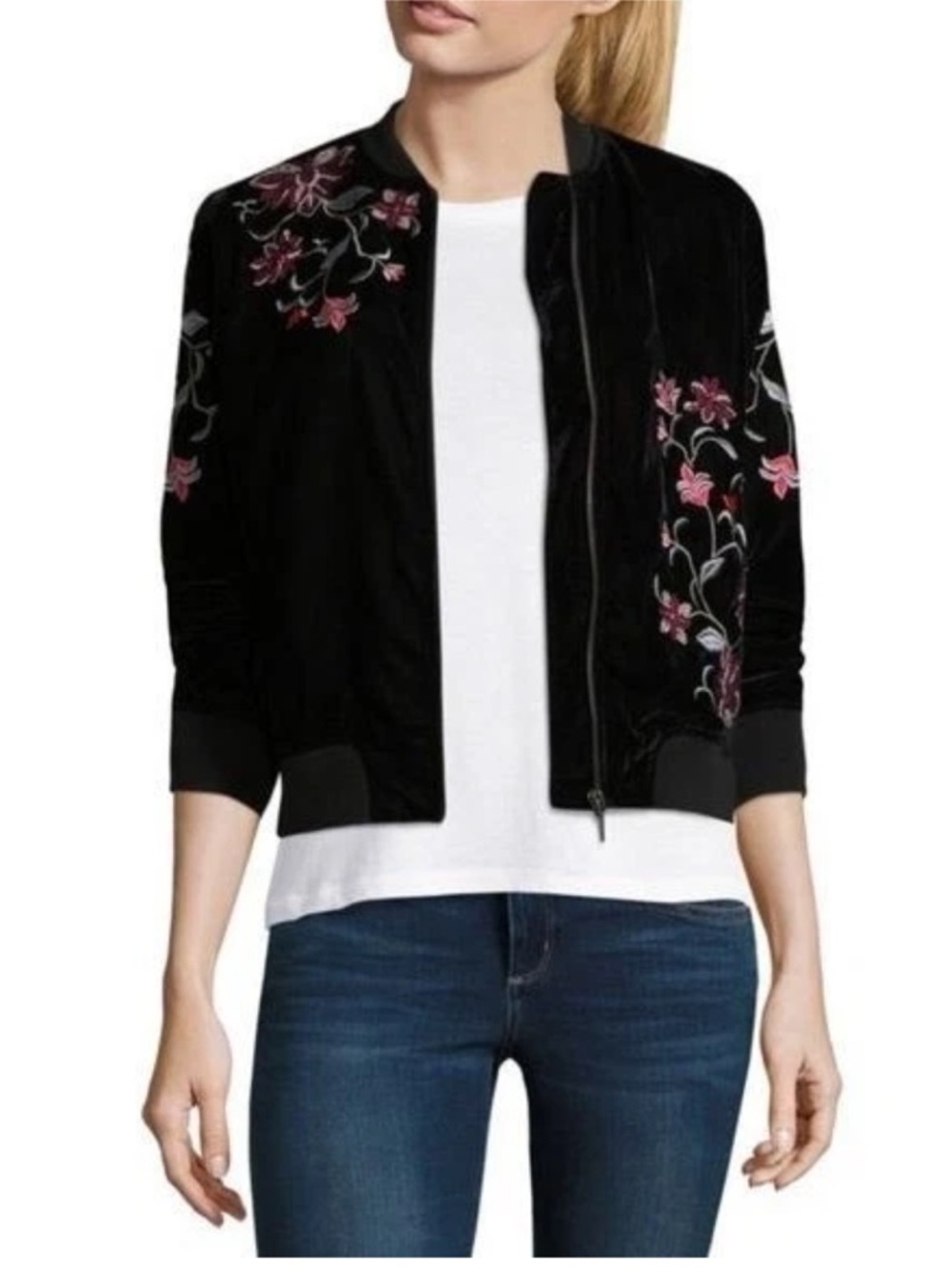 a.n.a Black Velvet Bomber Jacket Pink Floral Embroidery Full Zip Roses Lined XL